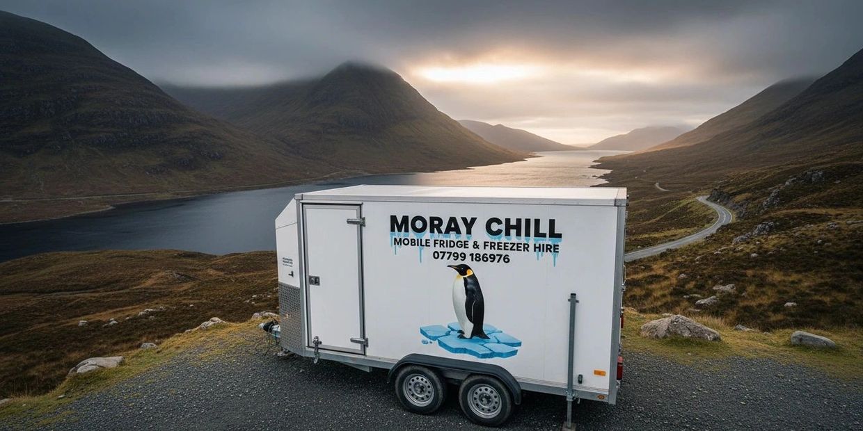 Mobile fridge trailer with penguin graphic parked by a serene mountain lake at sunset.