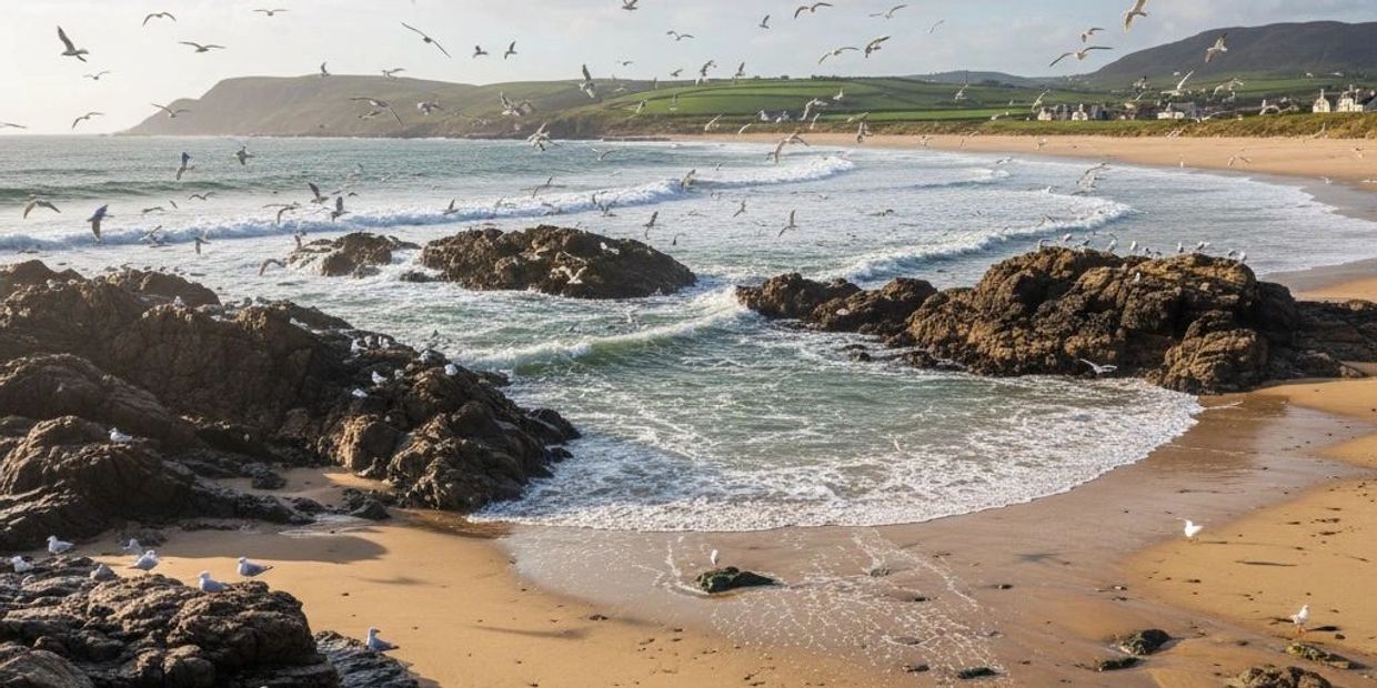 Seagulls fly over a rocky beach with gentle waves and green hills in the background.