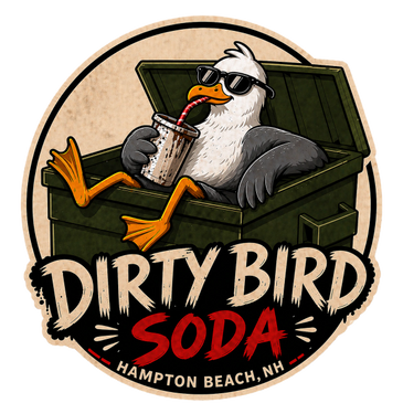 Cool seagull sipping soda from a trash bin, logo for Dirty Bird Soda.