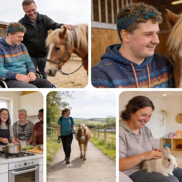 People enjoying time with animals and cooking together in a warm, friendly environment.