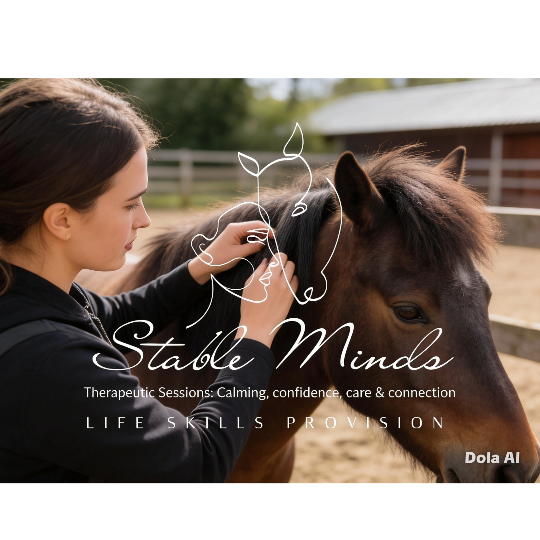 Woman gently grooming a horse with a line art overlay of a human and horse face.