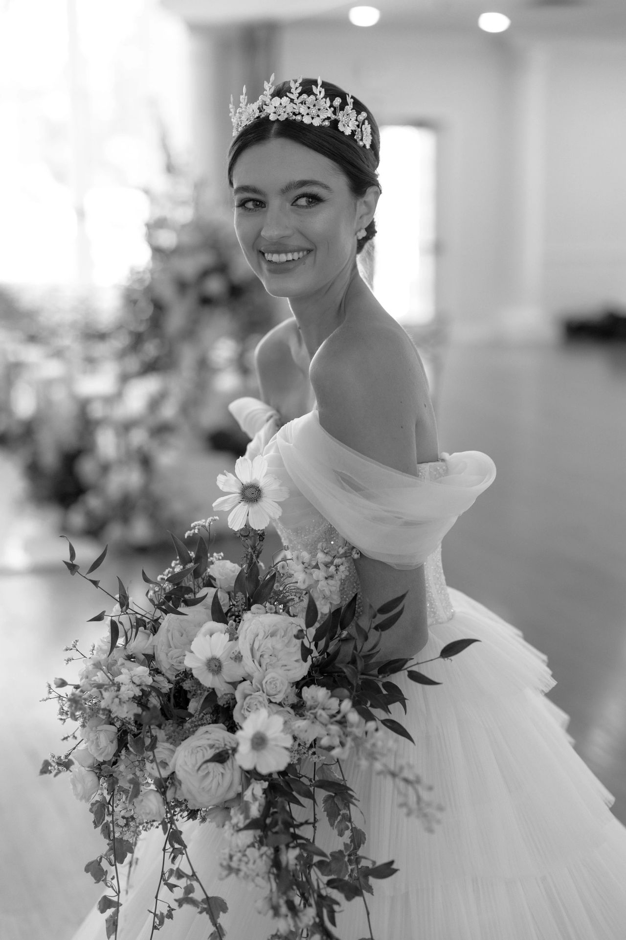 Bridal makeup and bridal updo hair with tiara down gown wedding dress for Bride in Houston Texas