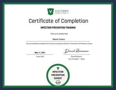 Certificate of Completion for Infection Prevention Training awarded to Martin Goens.