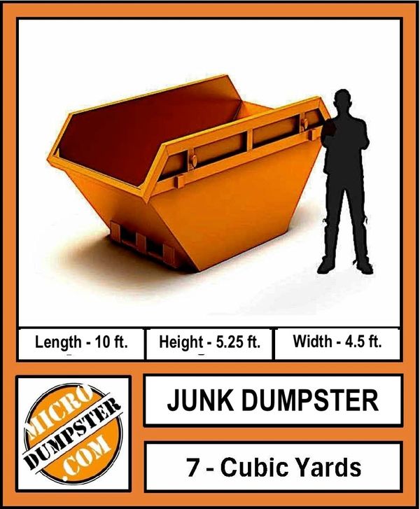 Micro DumpsterJUNK Dumpster (7 yards) dimensions and image and silhouette of a man for sizing.  