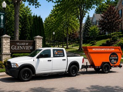 White truck towing an orange dumpster in a residential area.