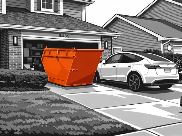 Orange dumpster in driveway next to a white car.