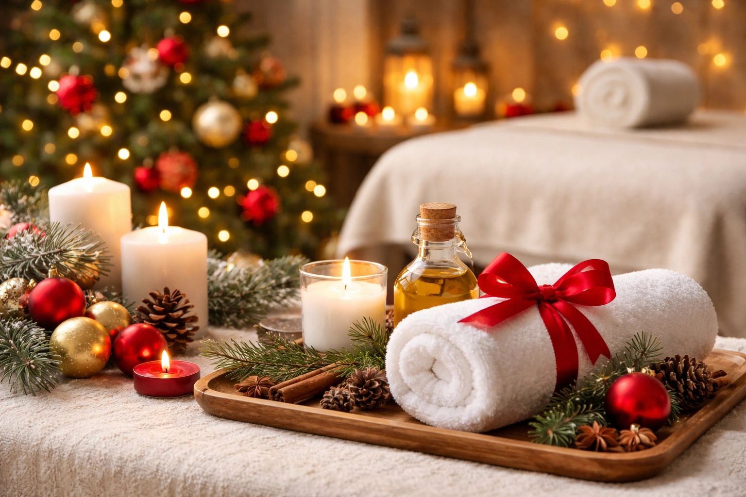 Christmas themed massage stdio with warm lighting