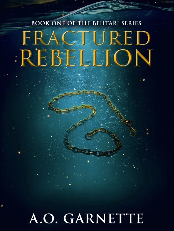 Book cover of Fractured Rebellion with a golden chain underwater.
