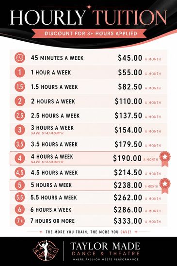 Hourly tuition rates for dance classes at Taylor Made Dance &amp; Theatre.
