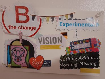 a collage of words and phrases with an image of a face with magnet joints in a path. 