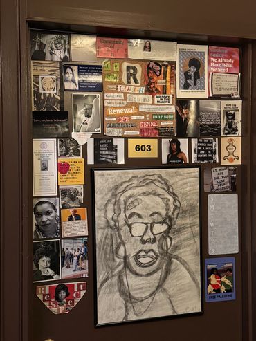 Rejjia's art studio door collage of words and images and self portrait charcoal drawing