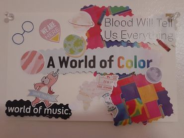 a collage of word clippings and colorful patterns. 