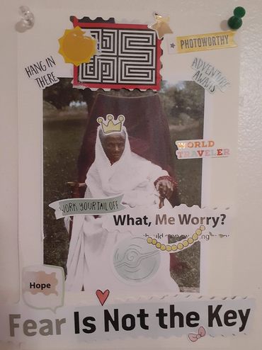 a collage of inspiring phrases around an image of Harriet Tubman sitting in a chair in color.