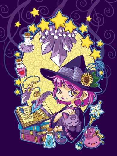 Cute witch girl surrounded by magical items and stars.