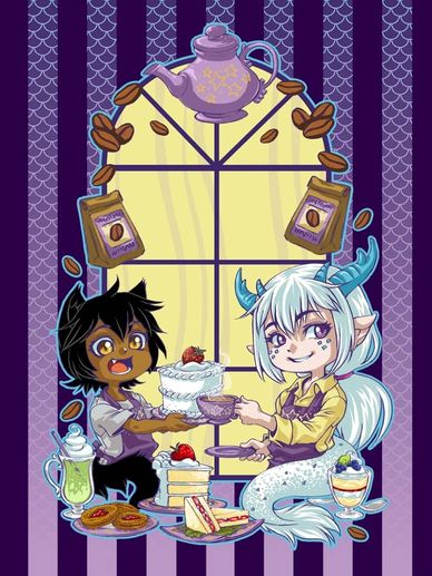 Two fantasy characters enjoying sweets and tea.
