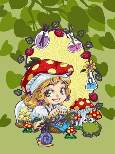 Whimsical girl with mushroom hat in a forest scene.