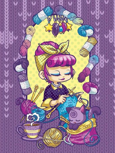 Girl knitting with yarn and a cat nearby.