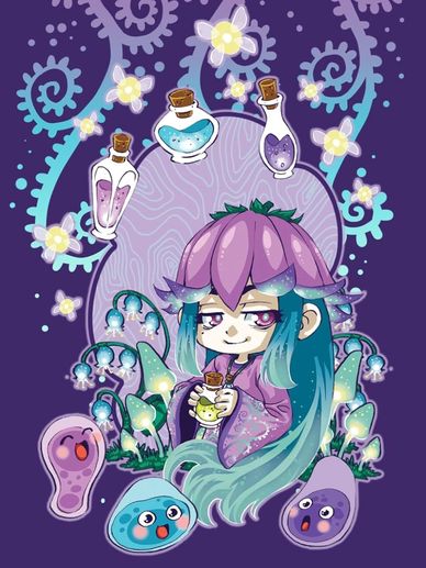 A mystical character with blue-green hair surrounded by glowing potions and cute creatures.