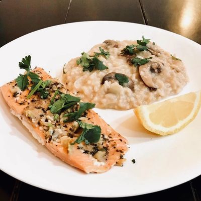 Baked Salmon and Creamy Mushroom Risotto