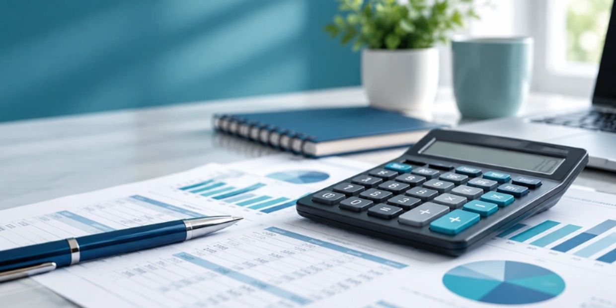Calculator and documents on a desk.