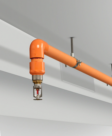 Close-up of an orange fire sprinkler pipe and sprinkler head on a ceiling.