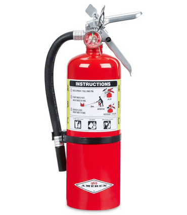 A red Amerex fire extinguisher with safety instructions and pressure gauge.