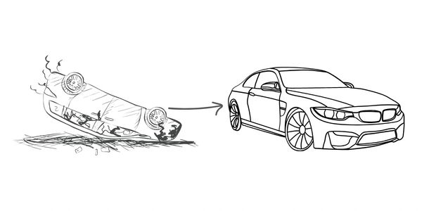 Sketch-style illustration of a damaged car transforming into a fully repaired vehicle