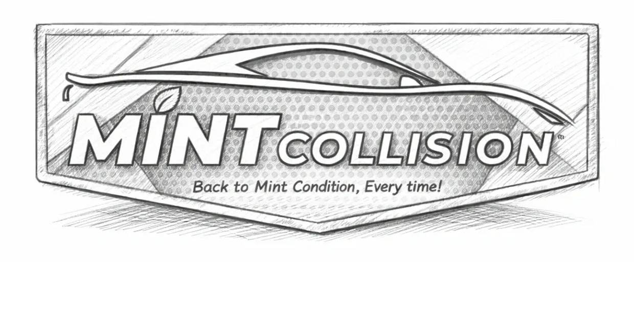 Mint Collision logo illustrated in a hand-drawn sketch style, featuring a sleek car outline above th