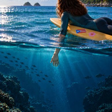Surfer on a board reaching into clear ocean water.