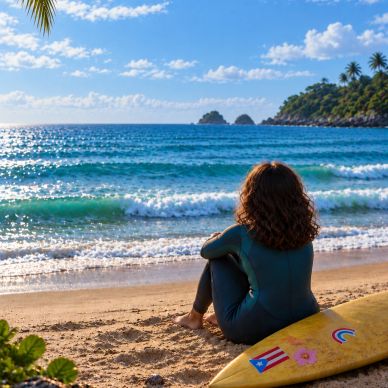 Person sitting on beach with surfboard watching the ocean.