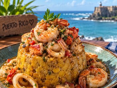 Puerto Rican mofongo dish with shrimp and seafood.