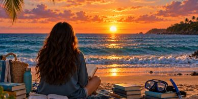 A person reading on the beach during sunset.
