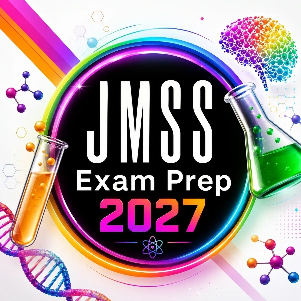 JMSS Exam Prep 2027 with colorful science-themed design.
