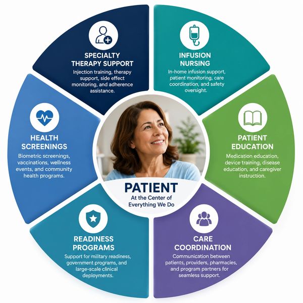 Diagram showing patient-centered healthcare services in six categories.