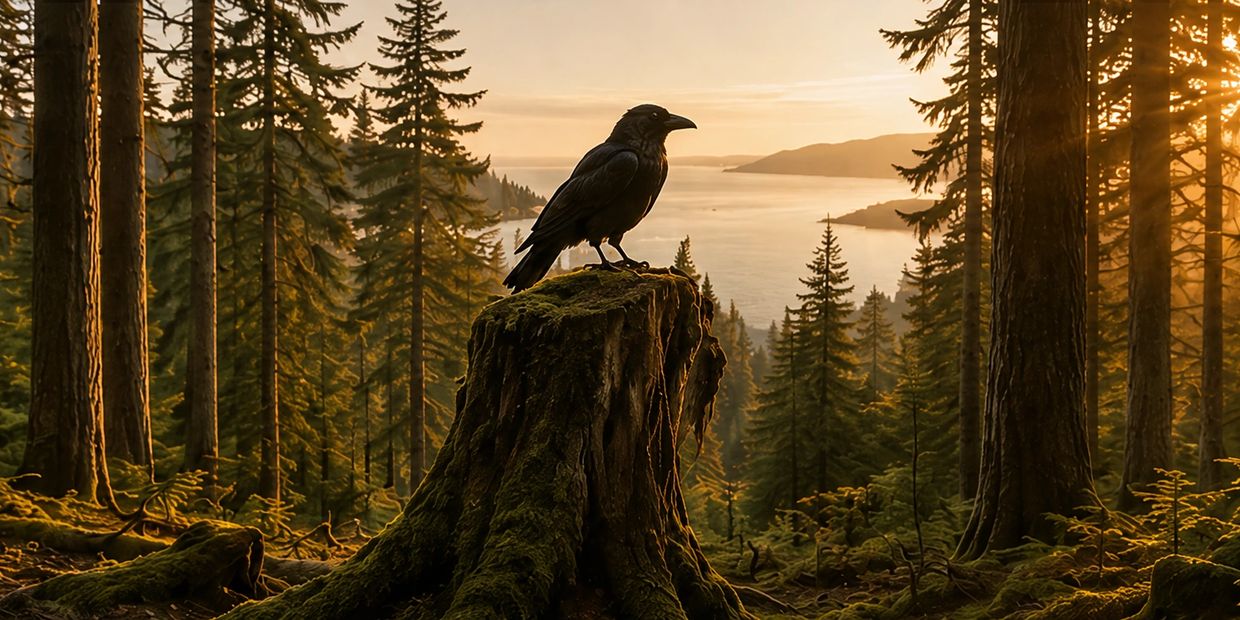 A raven perched on a mossy tree stump at sunset.