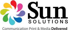 Logo of Sun Solutions with colorful petal design and tagline.