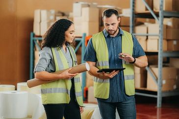 Two warehouse workers in safety vests, one holding a roll of paper and the other a tablet.


