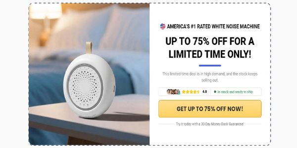 Compact white noise machine on a bedside table with a discount offer.