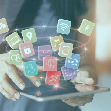 social media icons swirling over an iPad