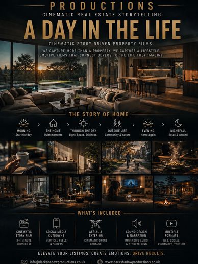 Promotional poster for cinematic real estate storytelling titled 'A Day in the Life'.