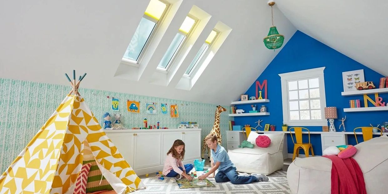 Velux Skylights with Solar Shades in a Family Room