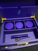 Hash Stash Box (purple) - Inside the box showing 3 smell proof jars for your flower, a small brush t