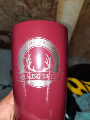 Red tumbler with a deer antler logo and the words 'Healing the Dill'.