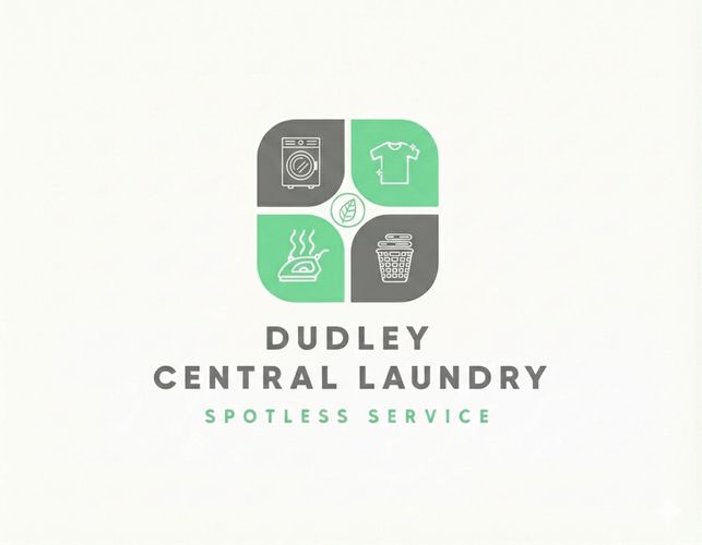 Logo for Dudley Central Laundry featuring laundry icons in green and gray.