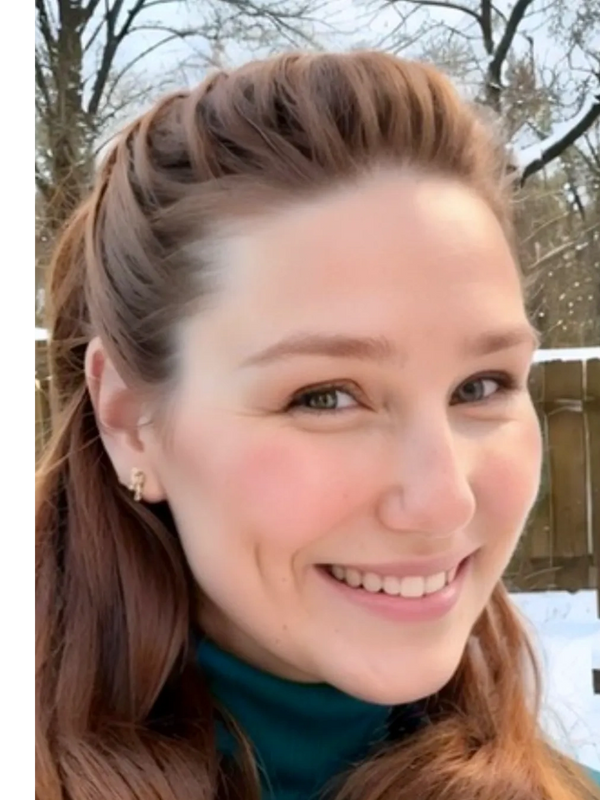 Portrait of nurse practitioner Jennifer Seegars a young woman, smiling, with red wavy shoulder lengt