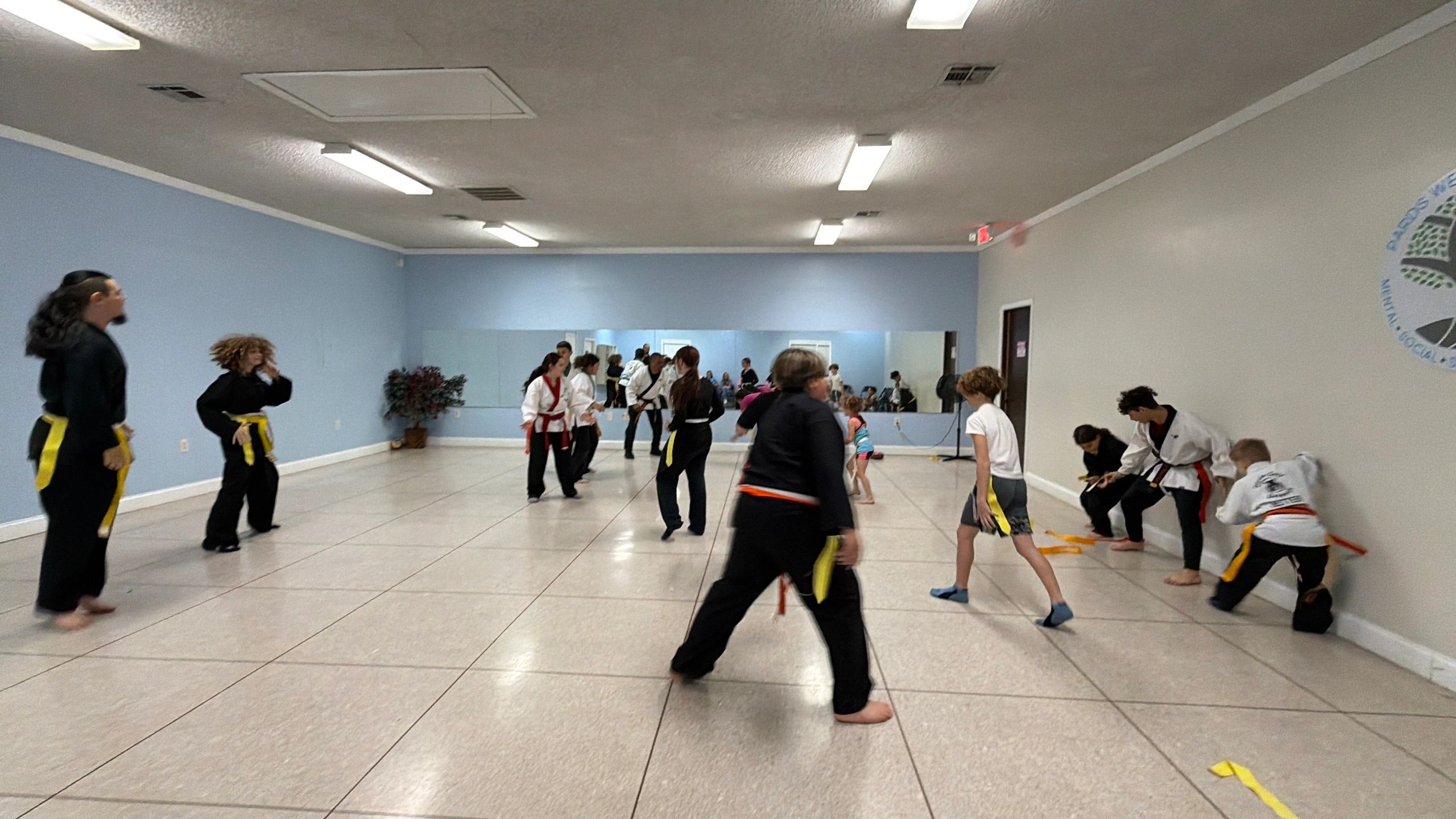 Martial arts class with kids and adults practicing.