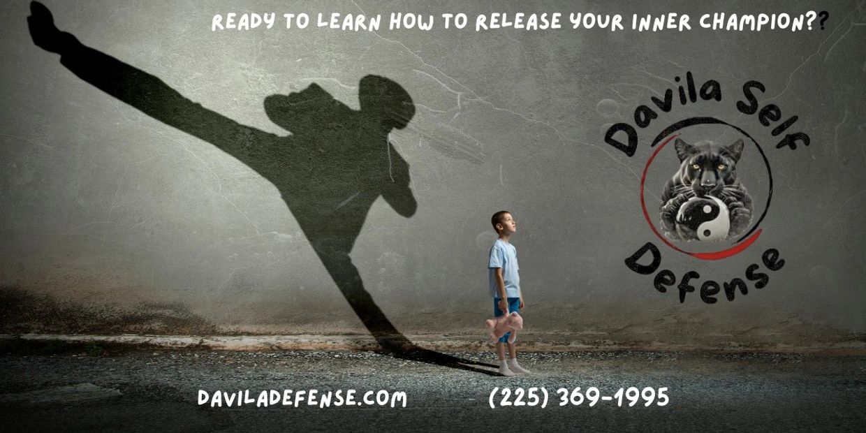 Young boy with a teddy bear casts a superhero shadow, promoting Davila Self Defense.
