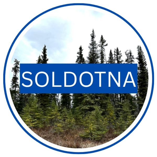Circular Soldotna graphic featuring spruce trees and a blue Soldotna label.