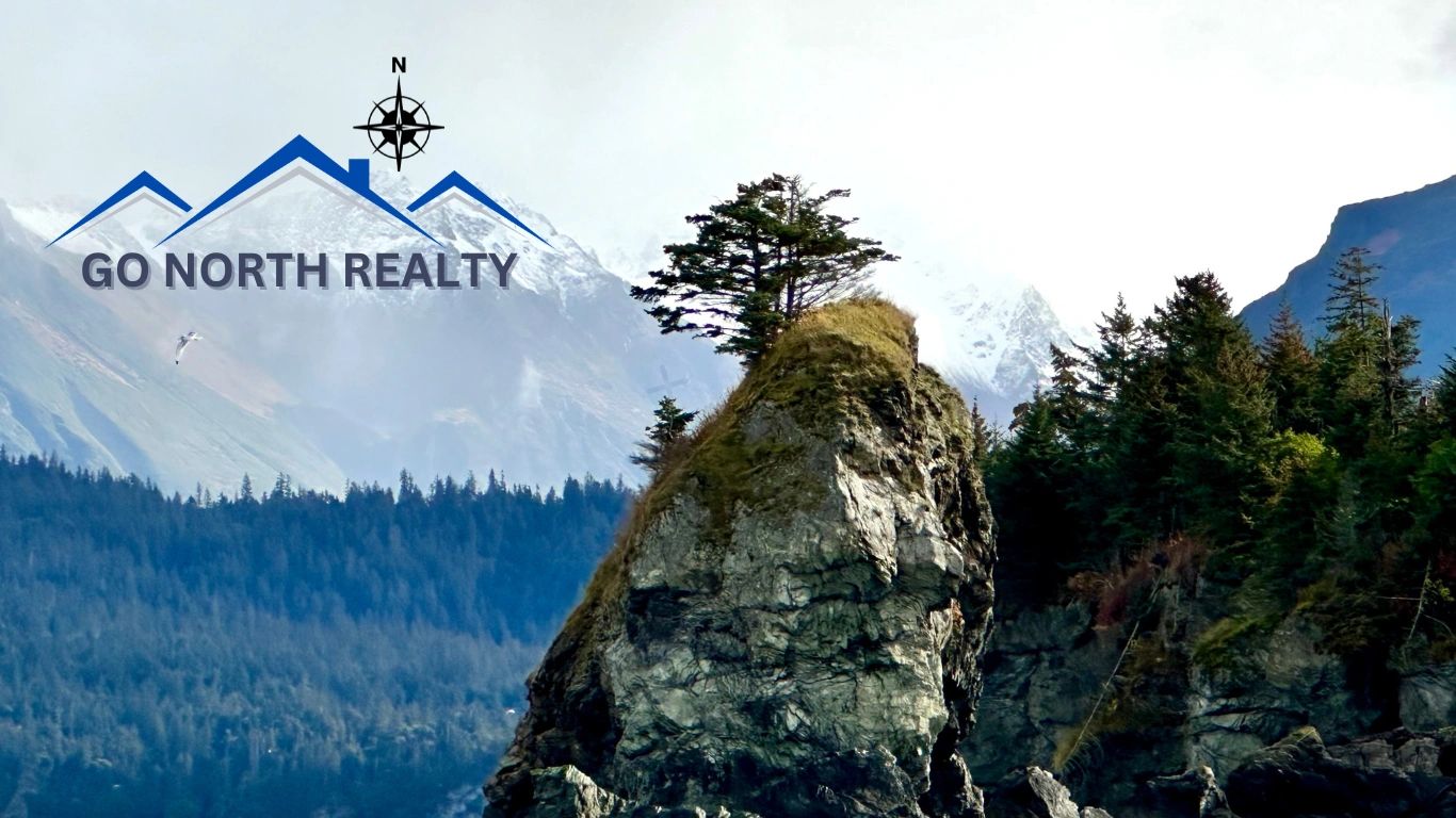 Go North Realty logo over Alaska mountains and bay serving Kenai Peninsula real estate clients.