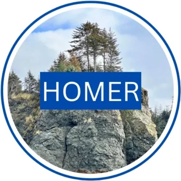 Circular Homer graphic featuring a rocky coastal bluff with spruce trees and a blue Homer label.